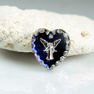 German Glass Engraved Buff Top Intaglio Pendant - Guardian Angel Heart 15x14MM HELIO BLUE SILVER