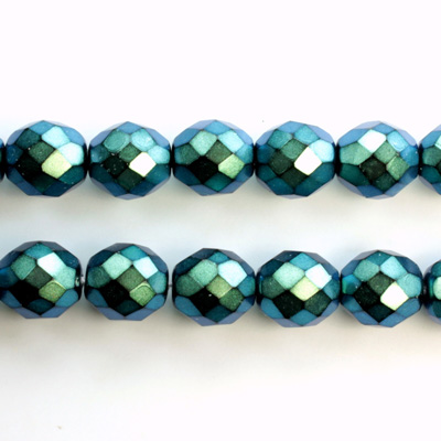 Czech Glass Pearl Faceted Fire Polish Bead - Round 10MM POLYNESIAN GREEN ON BLACK 19044