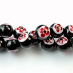 Glass Millefiori Bead - Round 10MM BLACK WHITE RED (29)