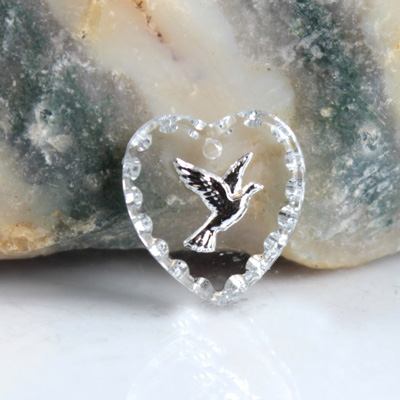 German Glass Engraved Buff Top Intaglio Pendant - DOVE Heart 15x14MM CRYSTAL SILVER