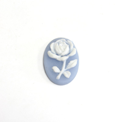 Plastic Cameo - Flower, Rose Oval 14x10MM WHITE ON BLUE