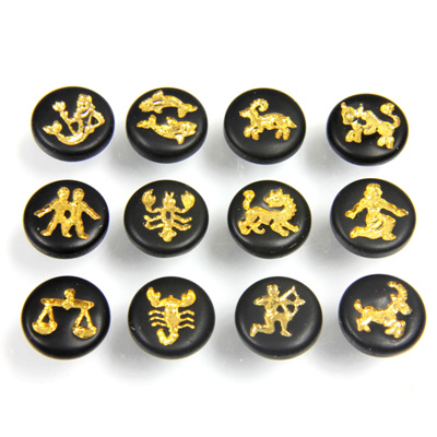 German Glass Flat Back Intaglio Zodiac Round 09MM GOLD ON JET