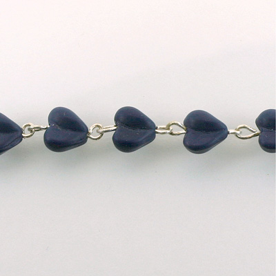 Linked Bead Chain Rosary Style with Glass Pressed Bead - Heart 8MM MATTE BLUE/SILVER