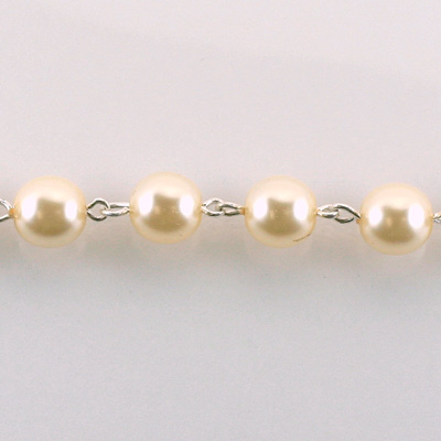 Linked Bead Chain Rosary Style with Glass Pearl Bead - Round 8MM CREME-SILVER