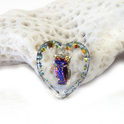 German Glass Engraved Buff Top Intaglio Pendant - OWL Heart 15x14MM CRYSTAL HELIO BLUE