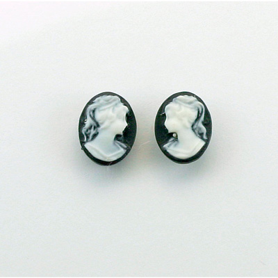 Plastic Cameo - Woman with Ponytail Oval 10x8MM WHITE ON BLACK