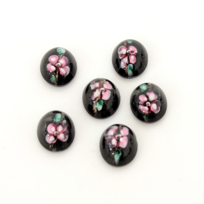 Glass Medium Dome Lampwork Cabochon - Oval 10x8MM PINK ON JET (00555)