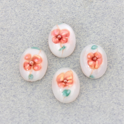 Glass Medium Dome Lampwork Cabochon - Oval 14x10MM PINK ON WHITE (04863)