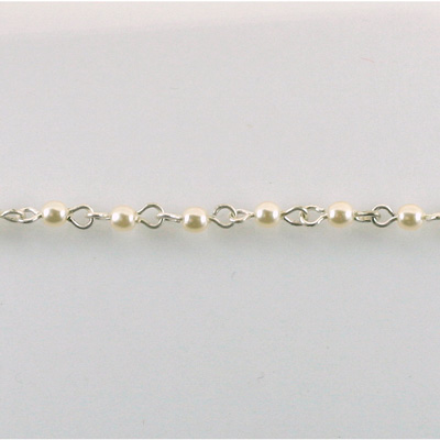 Linked Bead Chain Rosary Style with Glass Pearl Bead - Round 3MM WHITE-SILVER