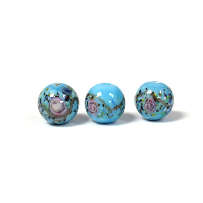 Czech Glass Lampwork Bead - Smooth Round 10MM Flower ON TURQ (63030)