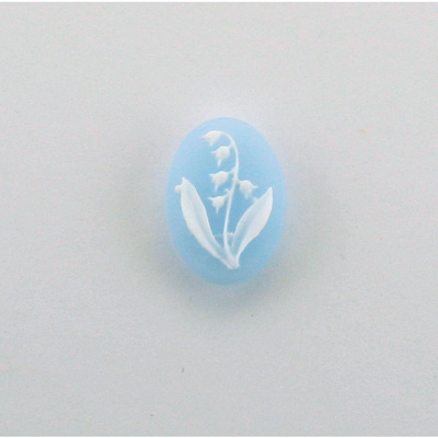 Plastic Cameo - Flower, Lily of the Valley Oval 14x10MM WHITE ON BLUE