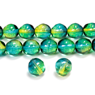 Czech Pressed Glass Bead - Baroque Oval 08x7MM GREEN-YELLOW 69019