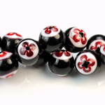 Glass Millefiori Bead - Round 12MM BLACK WHITE RED (29)