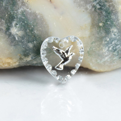 German Glass Engraved Buff Top Intaglio Pendant - DOVE Heart 12x11MM CRYSTAL SILVER