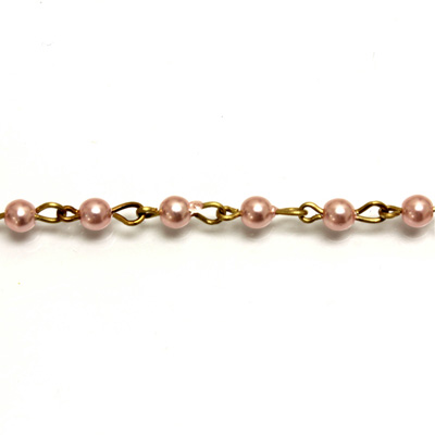 Linked Bead Chain Rosary Style with Glass Pearl Bead - Round 4MM LT PINK-Brass