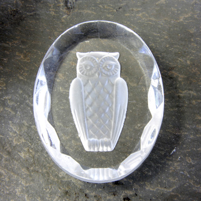 Glass Flat Back Reverse Carved Intaglio Back Owl Oval 40x30MM MATTE CRYSTAL on CRYSTAL