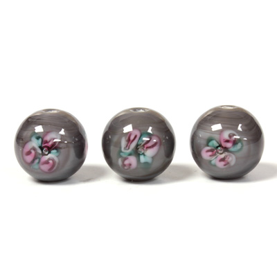 Czech Glass Lampwork Bead - Smooth Round 12MM Flower PINK ON GREY (40222)