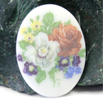 German Glass Porcelain Decal Painting - Flowers Oval 40x30MM CHALKWHITE BASE