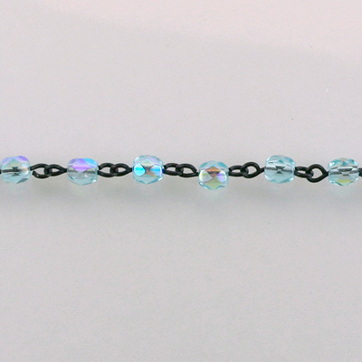 Linked Bead Chain Rosary Style with Glass Fire Polish Bead - Round 4MM AQUA AB-JET