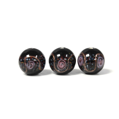 Czech Glass Lampwork Bead - Smooth Round 12MM Flower ON BLACK (40056)