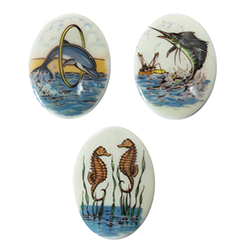 German Plastic Porcelain Decal Painting - Assorted SEA ANIMALS Oval 40x30MM WHITE base