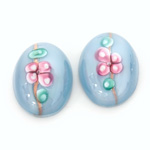 Glass Medium Dome Lampwork Cabochon - Oval 25x18MM PINK ON AQUA (04866)