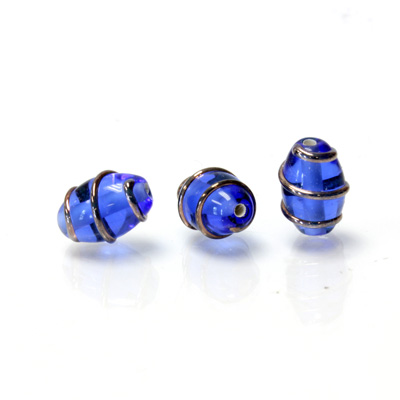 Czech Glass Lampwork Bead - Oval 12x8MM COPPER WRAP COBALT