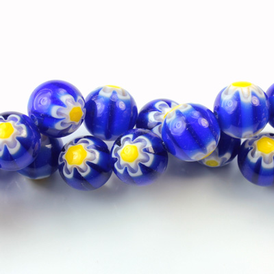 Glass Millefiori Bead - Round 10MM BLUE WHITE YELLOW (17)