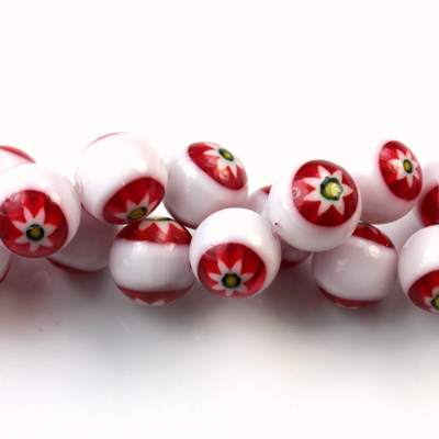 Glass Millefiori Bead - Round 10MM WHITE RED YELLOW (16)