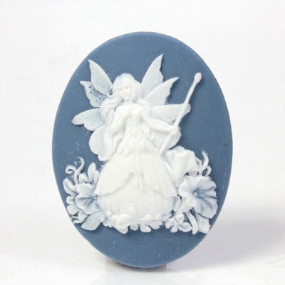 Plastic Cameo - Fairy Godmother Oval 40x30MM WHITE ON ROYAL BLUE