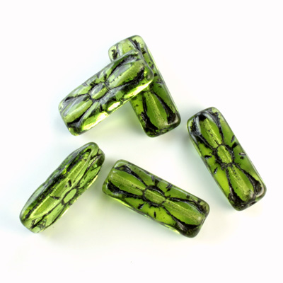 Czech Pressed Glass Engraved Bead - Cushion 20x8MM BLACK ON OLIVINE