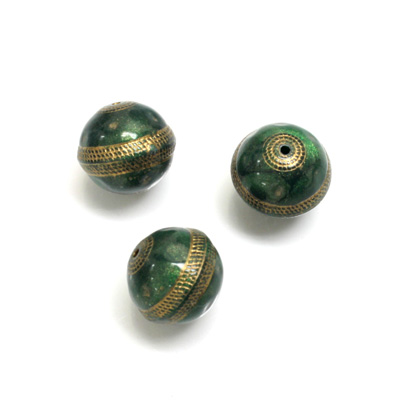 Plastic Engraved Bead -  Gold Tapestry Round 12MM LODEN GREEN