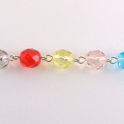 Linked Bead Chain Rosary Style with Glass Fire Polish Bead - Round 8MM PASTEL MIX-SILVER