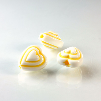 Plastic Casino Style Bead - Hearts 12MM YELLOW on WHITE