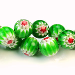 Glass Millefiori Bead - Round 12MM GREEN WHITE RED (09)