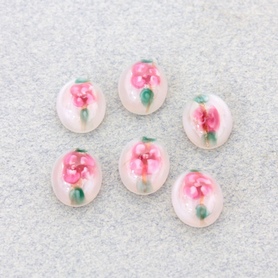 Glass Medium Dome Lampwork Cabochon - Oval 10x8MM PINK ON WHITE (04863)