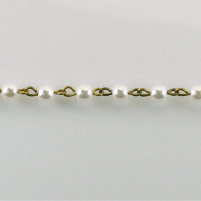 Linked Bead Chain Rosary Style with Glass Pearl Bead - Round 4MM WHITE-Brass