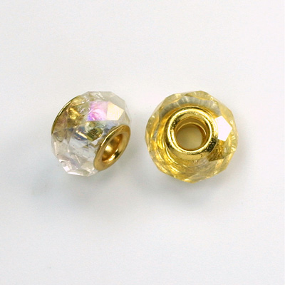 Glass Faceted Bead with Large Hole Gold Plated Center - Round 14x9MM CRYSTAL AB