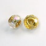 Glass Faceted Bead with Large Hole Gold Plated Center - Round 14x9MM CRYSTAL AB