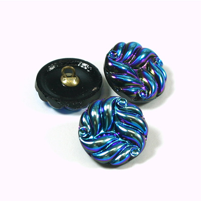 Glass Button - Engraved Top Metal Shank Round 18MM JET AB