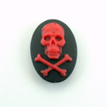 Plastic Cameo - Skull & Crossbones Oval 25x18MM RED ON BLACK
