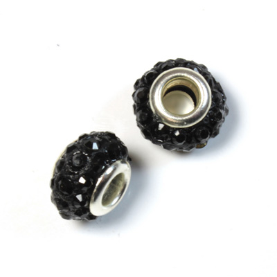 Rhinestone Bead with Large Hole Resin Base and Silver Plated Center - Round 14x9MM JET on BLACK