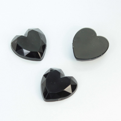 Plastic Flat Back Foiled Rose Cut Rhinestone - Heart 15.5MM JET