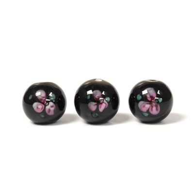 Czech Glass Lampwork Bead - Smooth Round 10MM Flower PINK ON BLACK (40202)