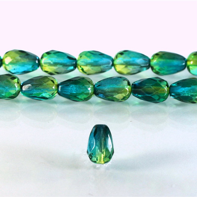 Czech Glass Fire Polish Bead - Pear 10x7MM Coated GREEN-YELLOW 69019