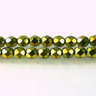 Czech Glass Pearl Faceted Fire Polish Bead - Round 06MM LIME ON BLACK 72183