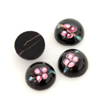 Glass Medium Dome Lampwork Cabochon - Round 13MM PINK ON JET (00555)