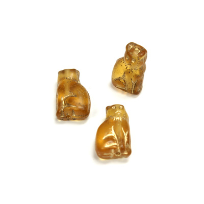Czech Pressed Glass Engraved Bead - Cat 15MM GOLD ON TOPAZ