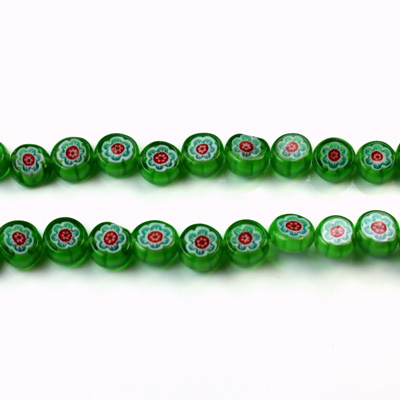 Glass Millefiori Bead - Flat Round 06x3MM GREEN WHITE RED (22)