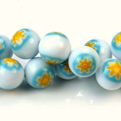 Glass Millefiori Bead - Round 12MM WHITE AQUA YELLOW (02)